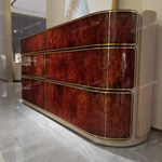 Curved Six-Drawer Sideboard with Natural Burl Veneer High-Gloss Panels and Gold Inlaid Stainless Steel Trim